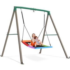 Trekassy Swing Sets for Backyard, 440lbs Heavy Duty A-Frame Metal Stand with 60" Large Platform Swing for Outdoor Playground ParkGreen/Tan