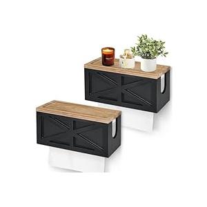 Paper Towel Holder Wall Mount U-Shaped Window Countertop Paper Towel Dispenser with Detachable Wood Lid for Bathroom, Kitchen, Home, 11.8x4.7x5.1 inch, Black Bathroom Holder, Pack Of 2