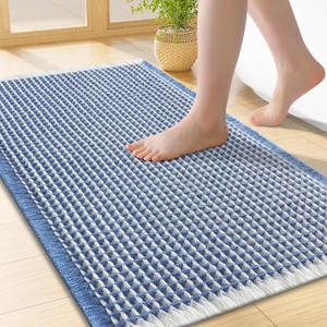 Smiry Waffle Bath Mat 24x17, Extra Soft Absorbent Bathroom Rugs, Non Slip Machine Washable Quick Dry Bath Rugs for Bathroom Floor, Tub, Shower, Home Decor Accessories, Blue & Cream