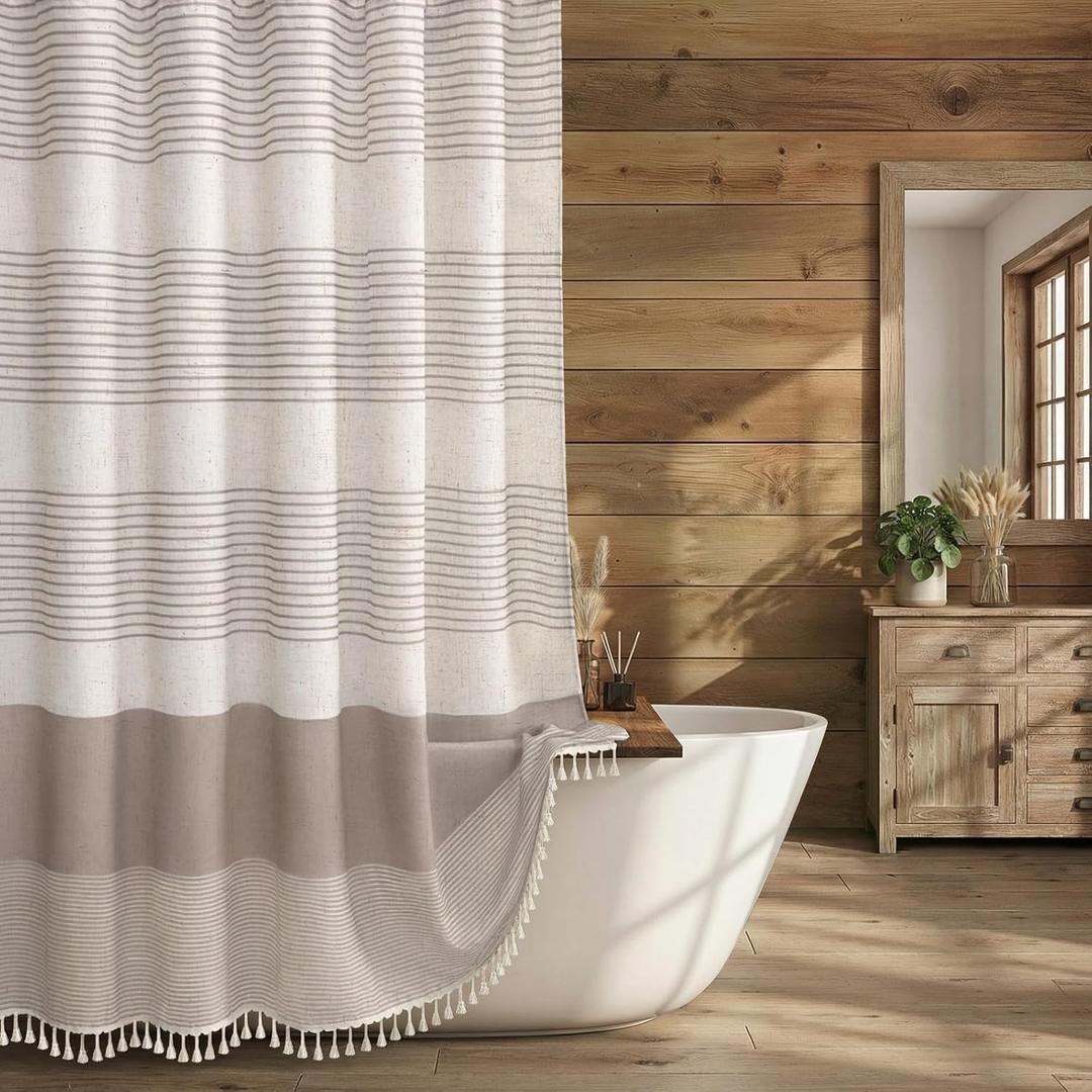 Taupe Shower Curtain Farmhouse Linen Striped Shower Curtains for Bathroom with Tassel 72 X 72