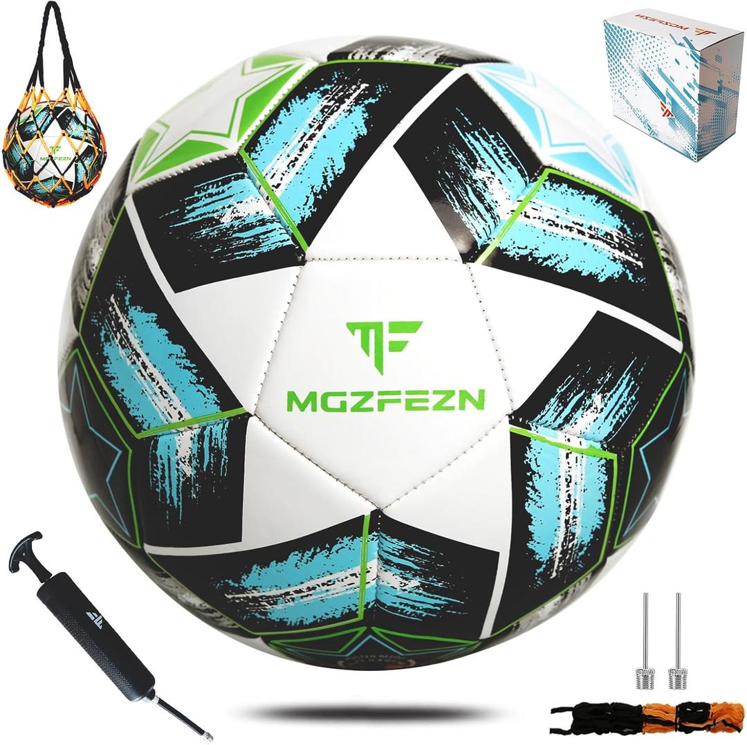 Youth Soccer Ball Size 3/4/5, Kids Outdoor Play Game Training Practice Soccer Ball for Teen Boy Girl Indoor Outdoor with 1 Pump 1 Net Bag and 1 Gift Box (White)