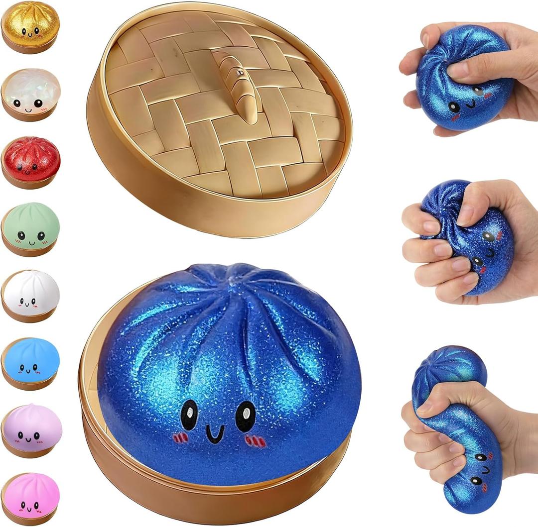 Glitter Dumpling Squishy,Dumpling Squishies,Glitter Dumpling Mystery Box,Colorful Dumpling Stress Balls Fidget,Jumbo Squishy Toy with Steamer Box,Soft Squeeze Decompression Dough (Glitter Blue)