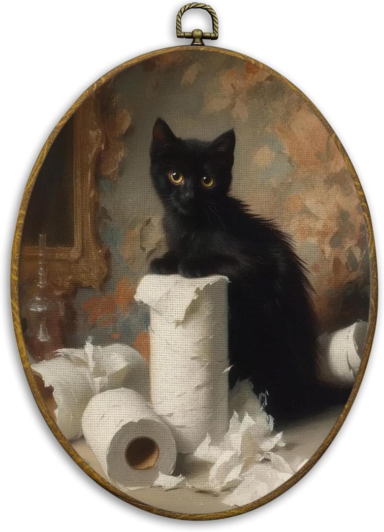CUANFDDSF Funny Black Cat Bathroom Oval Wall Art Decor, Rustic Bathroom Wall Hanging Decor, Moody Rustic Farmhouse Kitten Framed Canvas Prints for Washroom Restroom Toilet, 8.6x11.4 Inch