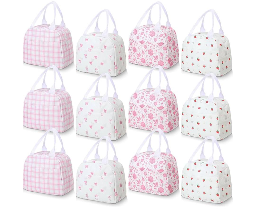 12 Pcs Insulated Lunch Bags Bulk for Women Cute Floral Bow Strawberry Lunch Bag Reusable Pink Beige Oxford Cloth Large Capacity Leak-proof Insulated Lunchboxes for Work Office Travel Picnic