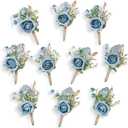 Rose Boutonnieres for Men Wedding Groom and Groomsmen Boutonniere for Rustic Fall Vintage Wedding Prom, Dusty Blue,Set of 10