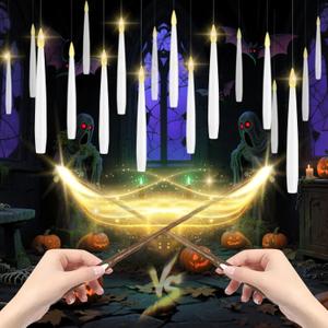 Floating Candles with Wand, 20 Pack Halloween Battery Operated LED Hanging Candles Electric Floating Candle for Halloween Party Decor Christmas 10.8in