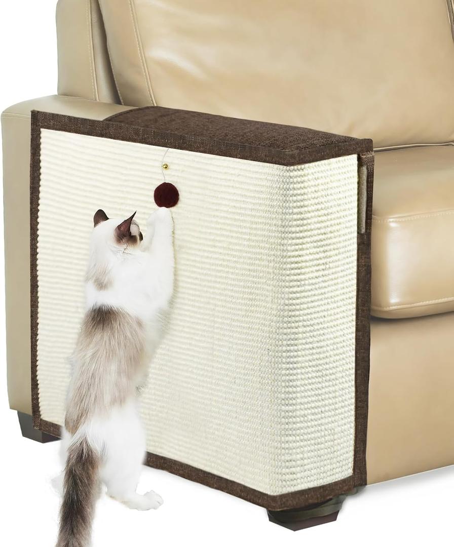 Upgraded Cat Scratch Furniture Protector,Cat Scratch Sofa Arm Sheild with 27.6L*19.6W Natural Sisal and Scratch Ball for Protecting Couch Sofa Chair Furniture (Brown/Right Handed)