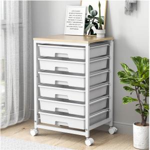 SYKIARIOL Rolling Cart with Drawers,Utility Cart with 6 Drawers,Rolling Storage Cart with Drawers and Wooden Tabletop & Lockable Wheel,White