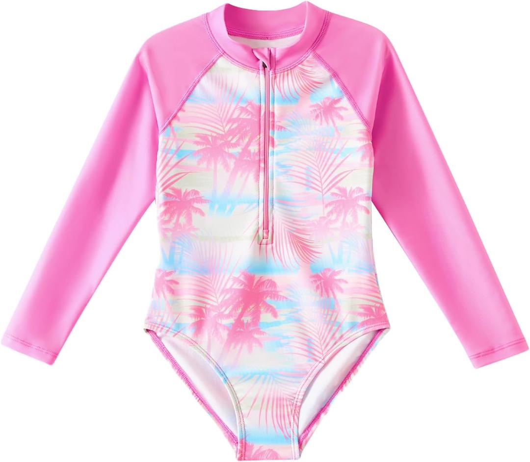 Angel season Girls Long Sleeve Swimsuits One Piece Rash Guard Bathing Suit UPF50+ Toddler Kids Zipper Swimwear Size 2-10 (9-10 Years, Pink Hawaiian)