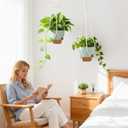 Hanging Planters for Indoor Plants: 2 Pack Macrame Plant Hangers with Grow Lights and Self-Watering Pots, Large Hanging Pots with Drainage Holes & Removable Tray（10in Green Pot, Daylight Spectrum）