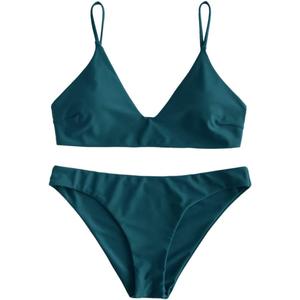 ZAFUL Women's Solid Spaghetti Strap Bralette Bikini Set Two Piece Swimsuit (Medium, 0-peacock Blue)
