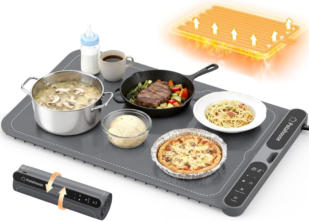 Food Warming Mat, 5s Fast Heating,Electric Warming Tray with 7 Temp 8 Timer Settings, Rollable & Portable Food Warmer for Parties, Buffet, Home and Travel Use (23 x 15 Inch, Gray)