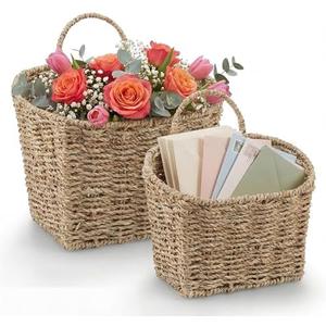 Set of 2 Wicker Hanging Basket for Organizing, Front Door, Mail, Flowers - Woven Wall Baskets for Storage (Seagrass)