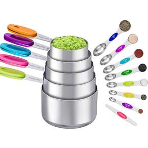 13PCS Magnetic Measuring Cups and Spoons Set - 7 Double-Sided Stainless Steel Magnetic Measuring Spoons & 1 Leveler + 5 Stainless Steel Measuring Cups - Kitchen Baking Tools for Cooking