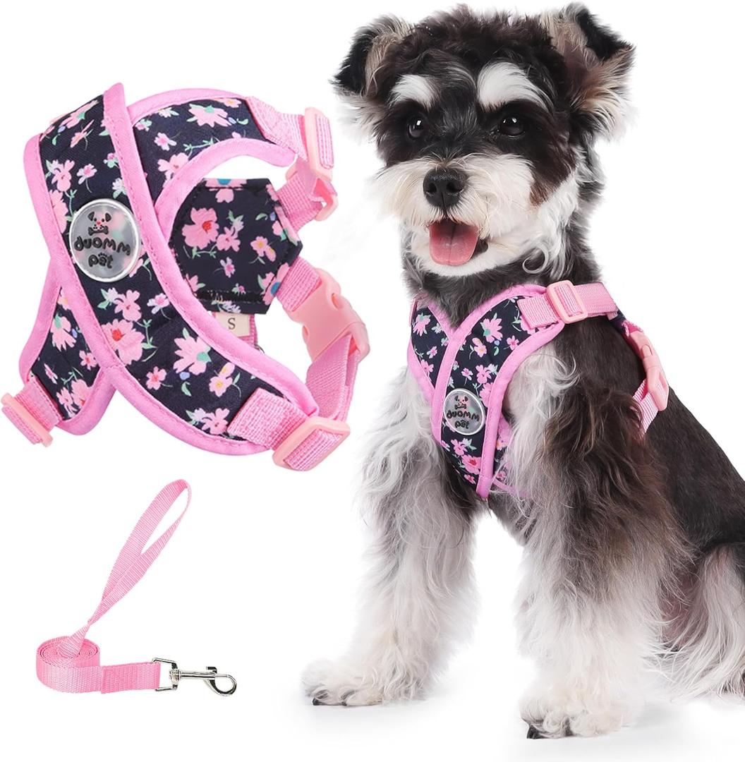 Patas Lague Dog Harness with Leash Set Adjustable Soft Padded Step-in Dog Vest No Choke No Pull Reflective for Small Medium Pets with Poop Bags and Dispenser, Solid and No-chew, Floral Pink M