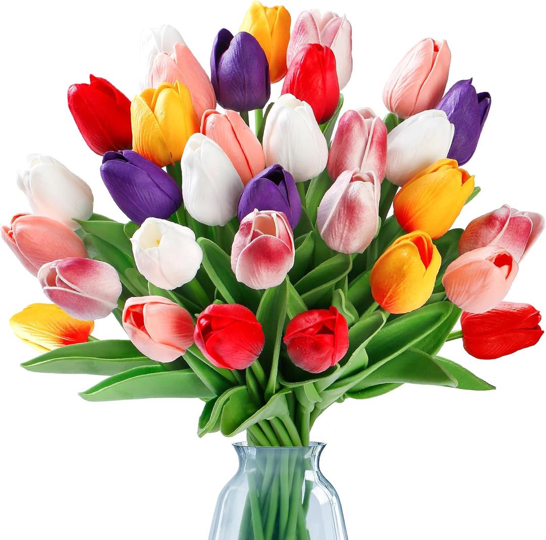 Sggvecsy 15 Pcs Fake Tulips Artificial Flowers Real Touch PU Faux Flowers Tulip Stems for Wedding Spring Bouquet Floral Arrangement Party Home Office Decorations for Mother's Day (Multi Colors) (Mixed 3)