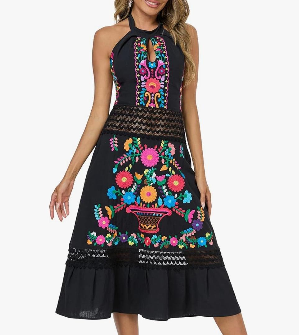 Mexican Dress Embroidered Casual Halter Off Shoulder Maxi Cocktail Dresses Sexy Dress for Women Date Night
Size L