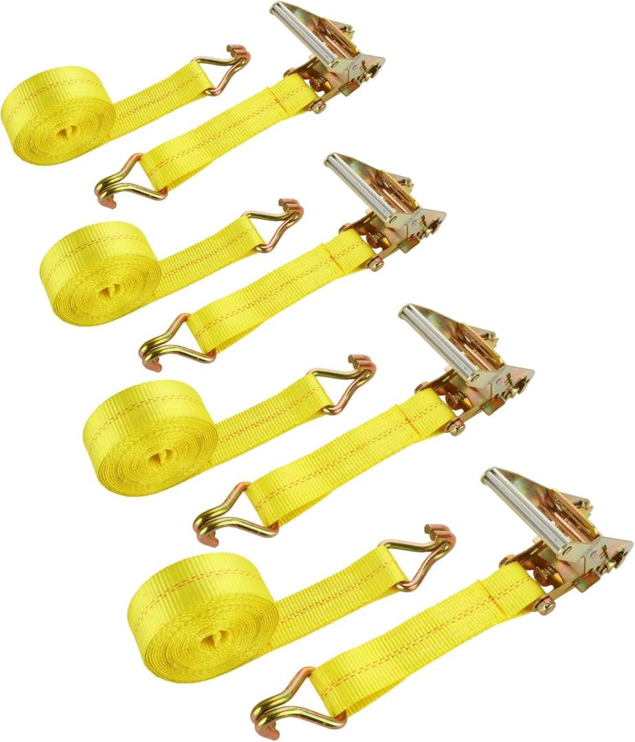 RHBLME Ratchet Straps Heavy Duty Pack of 4, 2 Inch Ratchet Straps with Double J Hook, 16.4 Ft Tie Down Straps for Securing and Moving Cargo, Motorcycles, 10000 LBS Break Strength