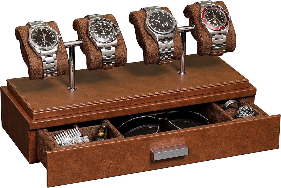 ROTHWELL Luxury Watch Display Case for 4 Watches Leather Watch Box with Acrylic Cover and Removable Slide in Cushions Accessory Drawer with Multiple Configurations (Tan/Brown)