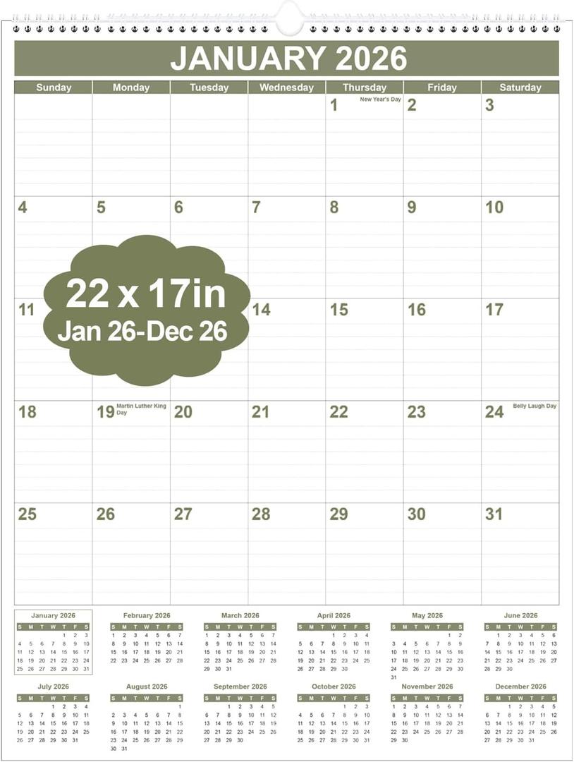 Large Calendar 2026 with Spiral Bound - 12 Month Big Calendar from January 2026 to December 2026, Vertical Large Monthly Calendario 2026 for Wall, 22" x 17", Cyan