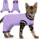 PUMYPOREITY Cat Recovery Suit for Hind Legs, Cat Surgical Spay Suit with Leg Sleeves to Stop Licking, Long Rear Sleeve Wound Cover Abdomen Kitten Onesie, Purple, L