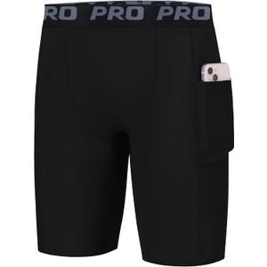 EXARUS Youth Boys Compression Shorts Side Pocket Performance Athletic Base Layers Underwear Running Sports Soccer (Black)