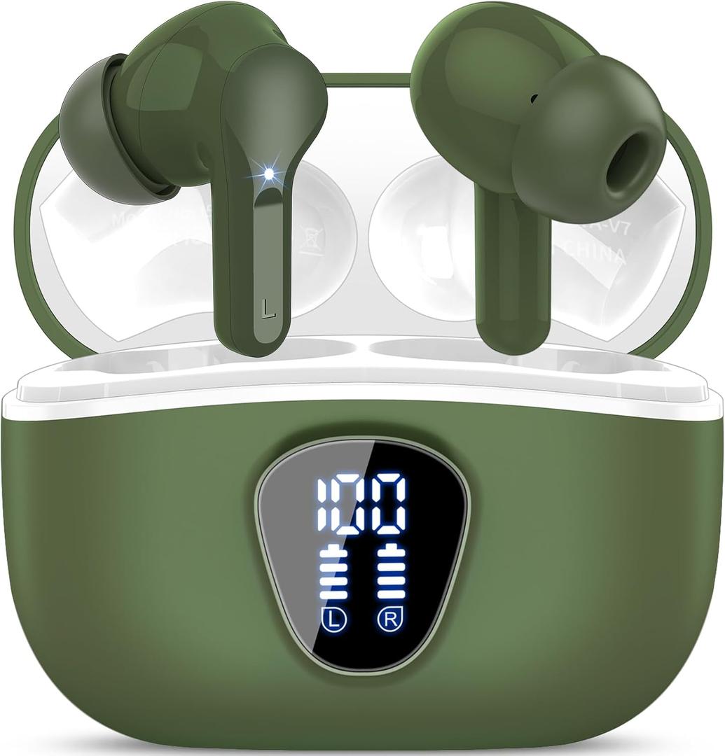 Wireless Earbuds, Bluetooth 5.4 Headphones HiFi Stereo, Bluetooth Earbuds with ENC Noise Cancelling Mic, IP7 Waterproof in Ear Earphones, 48H, LED Display Ear buds for Pad Workout Sports, Retro Green