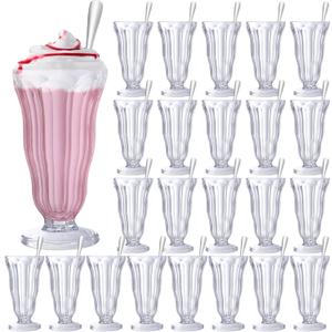 Maxcheck 24 Set Milkshake Glass 17 oz Sundae Glasses with Stainless Steel Spoons Old Fashioned Clear Soda Milkshake Cups Plastic Ice Cream Float Cups for Juice Tropical Drinks Party, 6.6 X 3.5 X 2.7 Inches