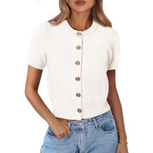 PRETTYGARDEN Womens Casual Summer Short Sleeve Cardigans 2026 Button Down Knitted Sweater Basic Crew Neck Crop Tops S