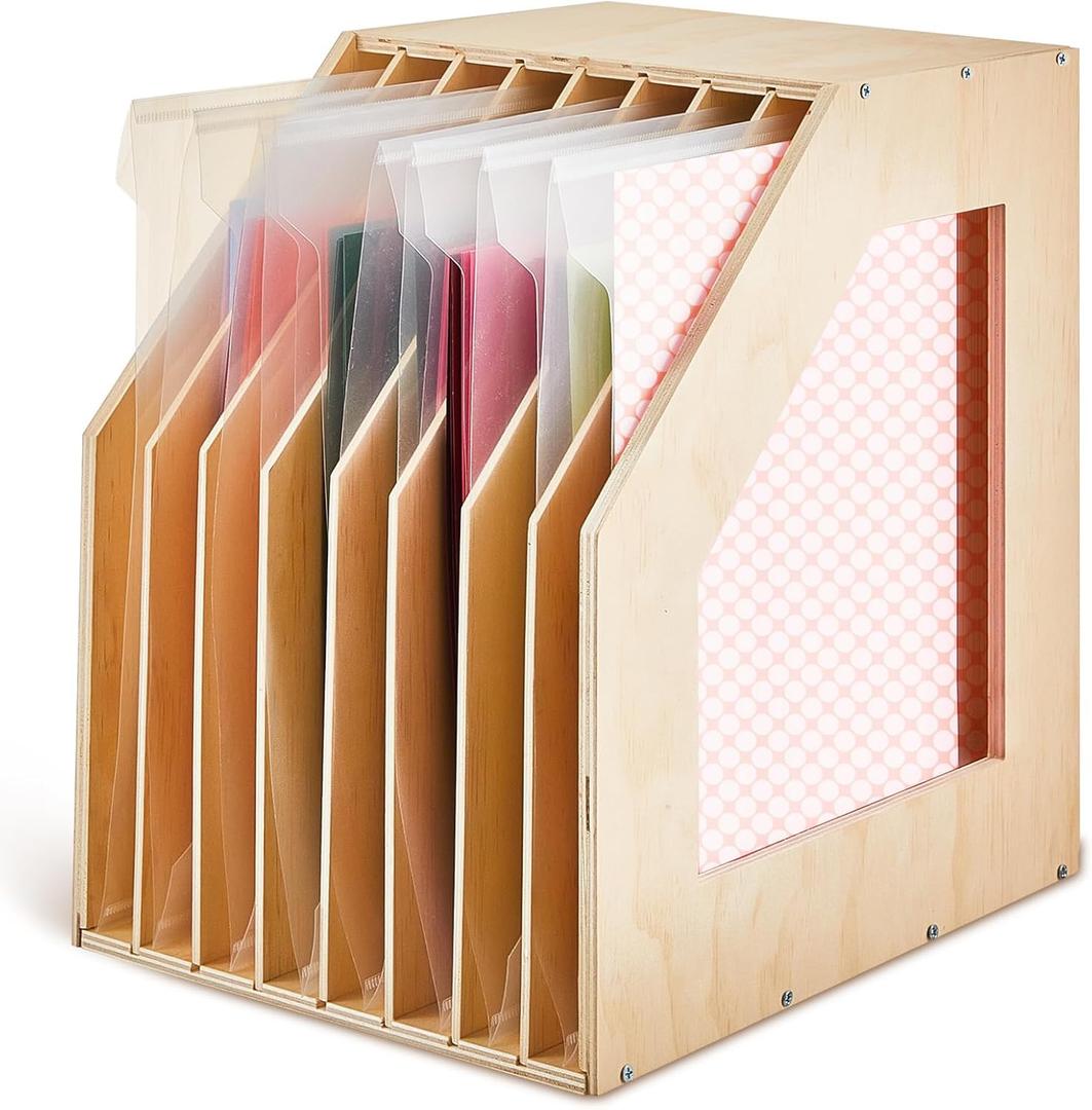 ReliThick 1 Pcs 12x12 Paper Storage Organizer Wood Slope Design Scrapbook File Sorter Storage Shelf for Holding 8 Slot Heat Transfer Paper Portfolio Filing Crate Album Glass Holder for Office School