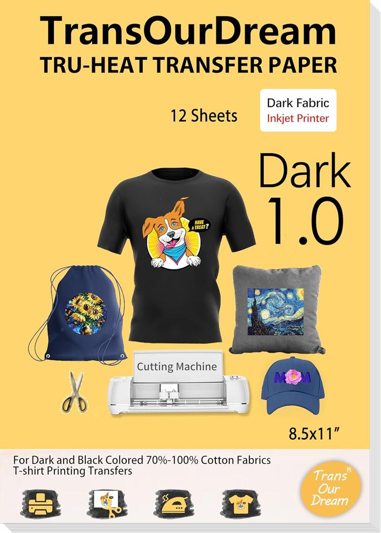 TransOurDream Heat Transfer Paper for Dark T Shirts (12 Sheets, 8.5x11", Dark 1.0) Iron on Transfers Paper for Inkjet Printer Printable Heat Transfer Vinyl for Dark Fabrics