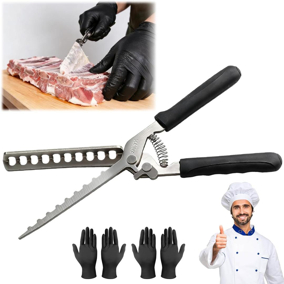 2026 Upgraded Rib Membrane Remover Thickened Stainless Steel, Rib Scraper with Ergonomic Full-Rubber Grip, Dishwasher Safe, Membrane Removal Tool with 2PCS Gloves, for Easy Meat Preparation