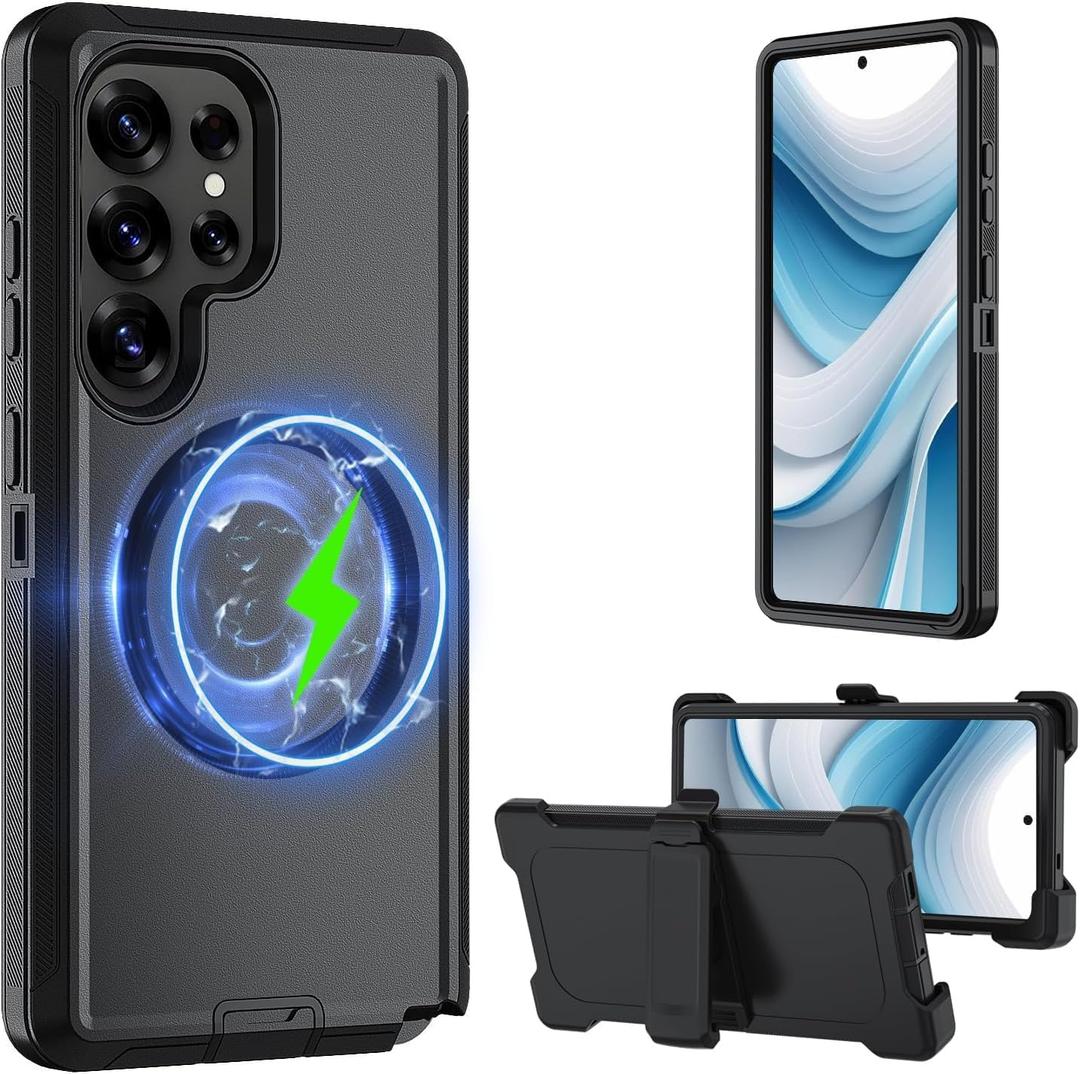 Case for Galaxy S25 Ultra 5G case, Samsung S25 Ultra Heavy Duty case,[Military Grade Protective ],[Shockproof] [Dropproof] [Dust-Proof], (with Belt Clip,MAG- Black)