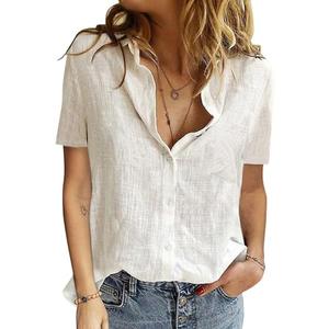 Jyanl Womens Button Down Shirts Cotton Summer Tops V Neck Short Sleeve Shirt Collared Blouse Casual Linen Textured Plain Tshirt Work Tops White, Size: L