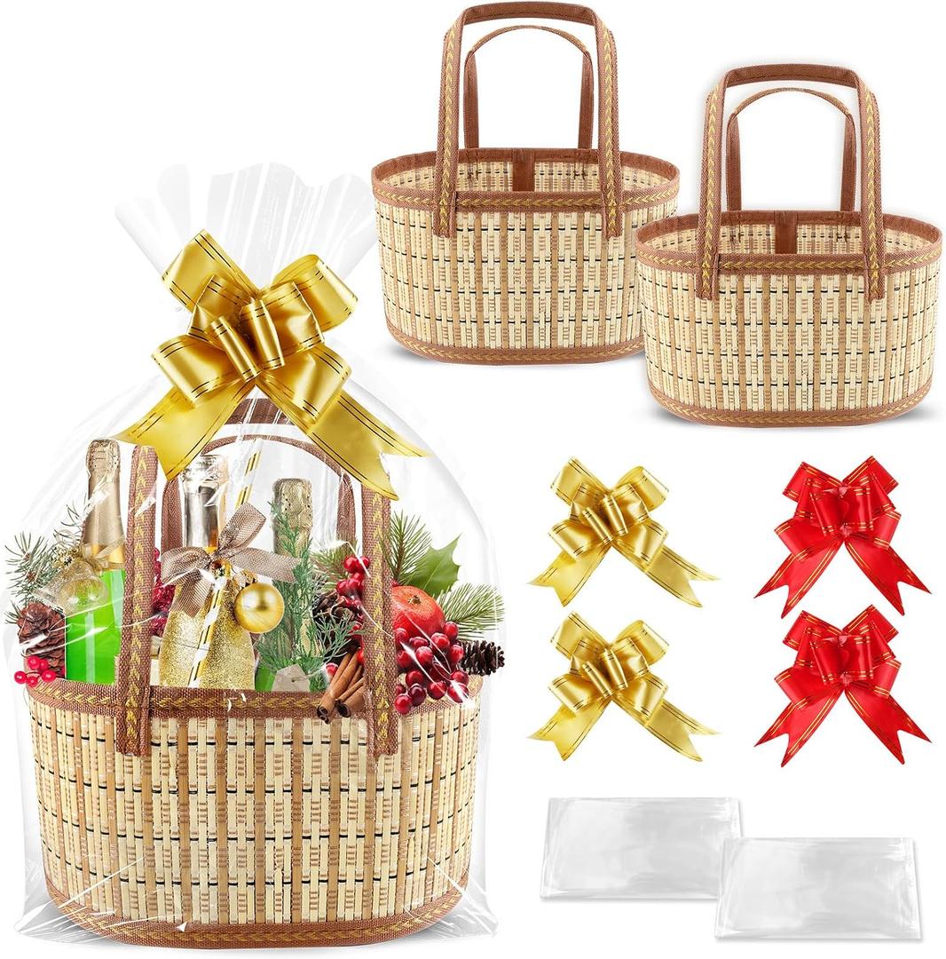 EcoBrisa 2Set Baskets for Gifts Empty Foldable Bamboo Woven Sturdy Gift Basket Kit with Handle & 2 Cellophane Wrap 4 Pull Ribbon Bows for Valentine Mother's Day Housewarming Birthday Baby Shower,Oval