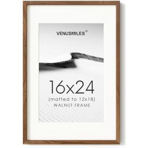 16x24 Poster Frame, USA-Sourced Natural Walnut Wood Picture Collage Frame with HD Tempered Glass, Modern Simple 16 x 24 Wooden Photo Frame Matted to 12x18, Vertical & Horizontal Wall Hanging Display