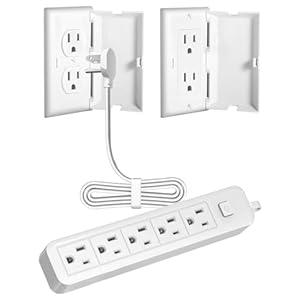 Outlet Cover Extension Cord 3 Feet, Ultra-Thin Outlet Concealer with Flat Plug Power Strip 5 AC Outlets, Childproof Flat Extension Cord Outlet Cover, 1875W for Kitchen, Home, Office