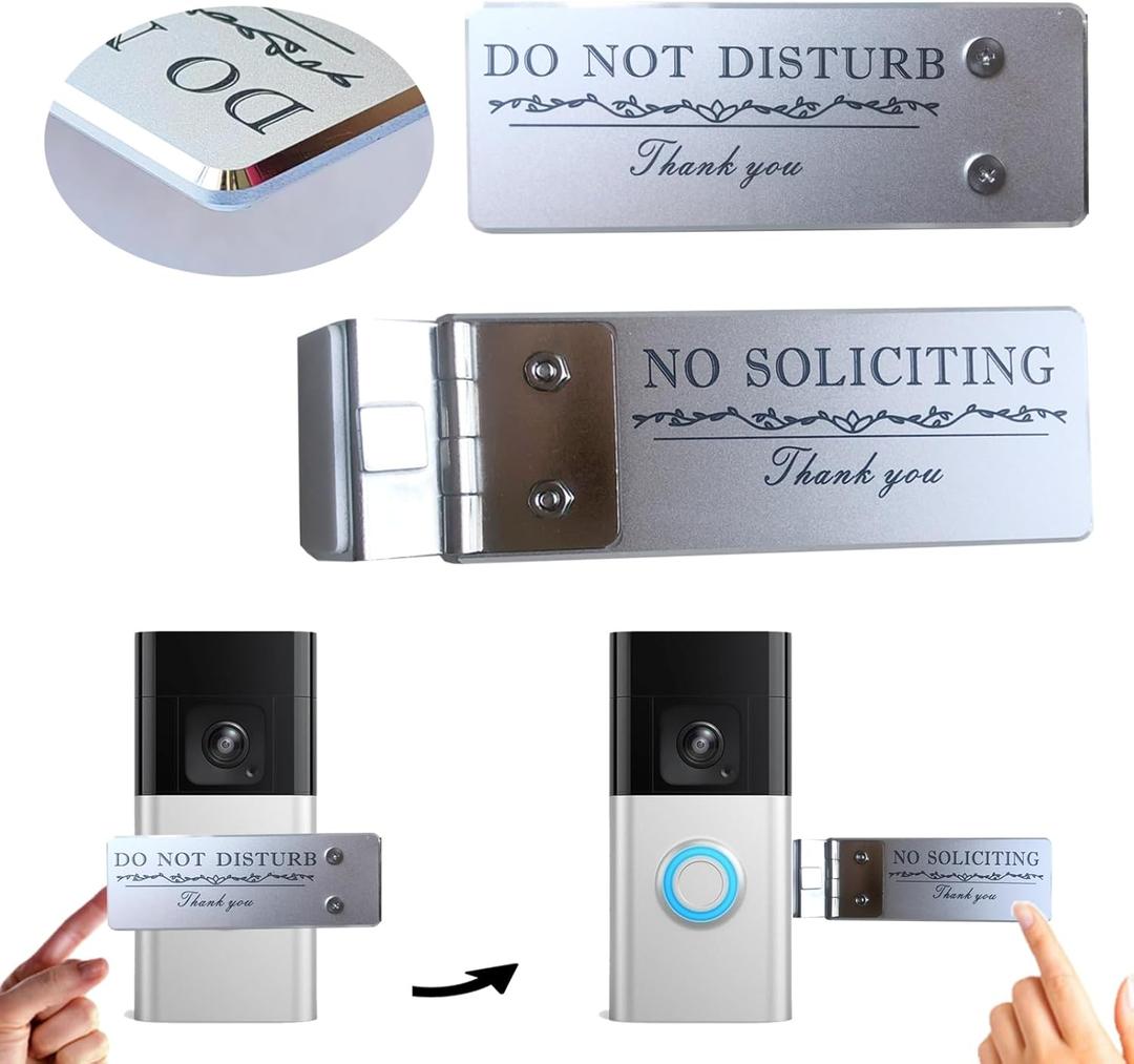 Metal Doorbell Cover No Soliciting Sign for House, Doorbells Cover That Rotates From DO NOT DISTURB To NO SOLICITING, Flipable No Solicitors Signs for Ring Door Bell, Left & Right Mode, Easy Installation, The Gift for Home Offices and Moms with Sleeping Baby, Do Not Ring Doorbells Blocker (Silver, Right)