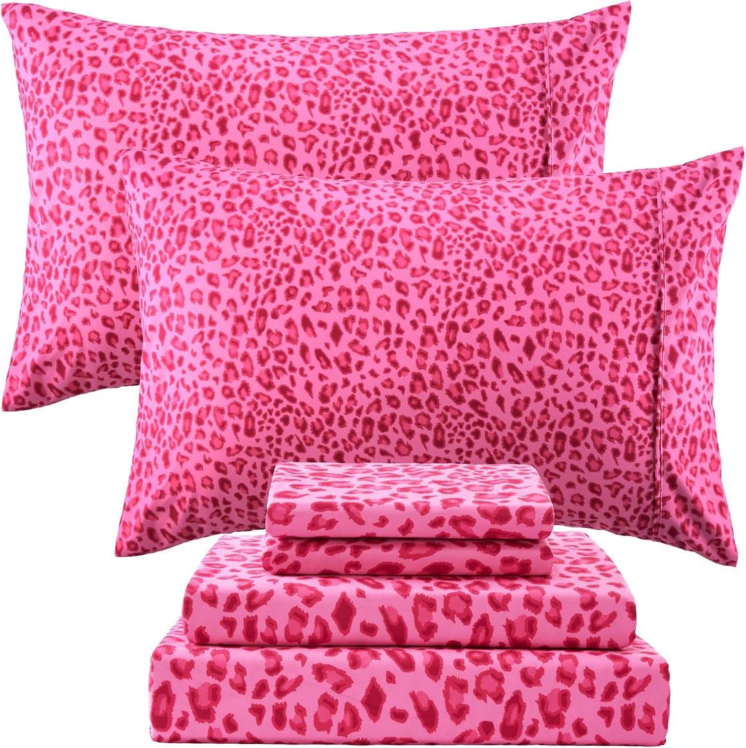 Full Leopard Print Sheets, Cheetah Pattern Full Size Sheet Set with Elastic Corner Straps, Soft Microfiber Animal Bedsheet, Hot Pink