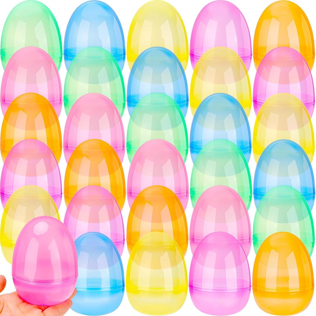30 Pack 4 Inch Translucent Easter Eggs with Flat Bottom Colorful Fillable Large Plastic Eggs for Easter Basket Fillers Egg Hunt Party Supplies, 6 Colors