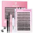 Uilulu Lash Clusters Kit for DIY Lash Extension at Home, False Eyelashes Set with Bond Seal, Lash Remover, Brush, Tweezers, D Curl Wispy Individual Clusters Eye Lash Extensions Kit (U10 Kit)
