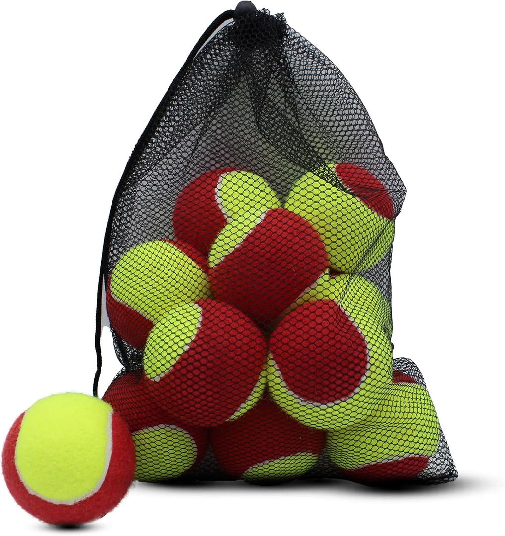 Tennis Balls, 12 Pack 25% Low Compression Stage Tennis Ball for Beginners Youth Kids Training Practicing with Mesh Bag for Easy Transport (Red)