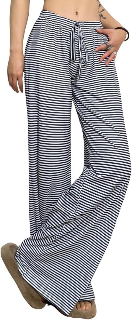 Striped Wide Leg Pants for Women - Casual Loose Fit High-Waisted Drawstring Pajama Pants - Straight Trousers (M)