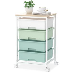 SYKIARIOL Utility Cart with 4 Drawers,Rolling Storage Cart with Drawers,Storage Rolling Drawer Cart with Wooden Tabletop for Bedroom,Kid's Room,Dorm,Classroom,Office,Green
