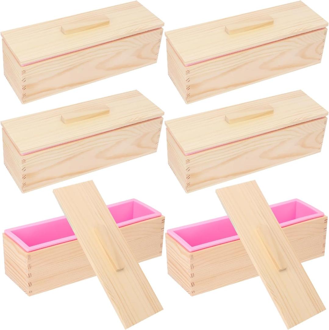 6 Packs 42oz Soap Loaf Wood Box for Soap Making, Pink Premium Silicone Loaf Soap Mollds with Wooden Box and Lid, Ideal for Large Size Homemade Soaps, Flexible and Heat Resistant