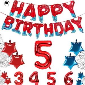 Spider Birthday Party Banner Decorations - Balloons for 5 Year Old Happy Birthday Banner for Boy Kids Age 3 4 5 6 man Superhero Themed Decorations Letters Supplies