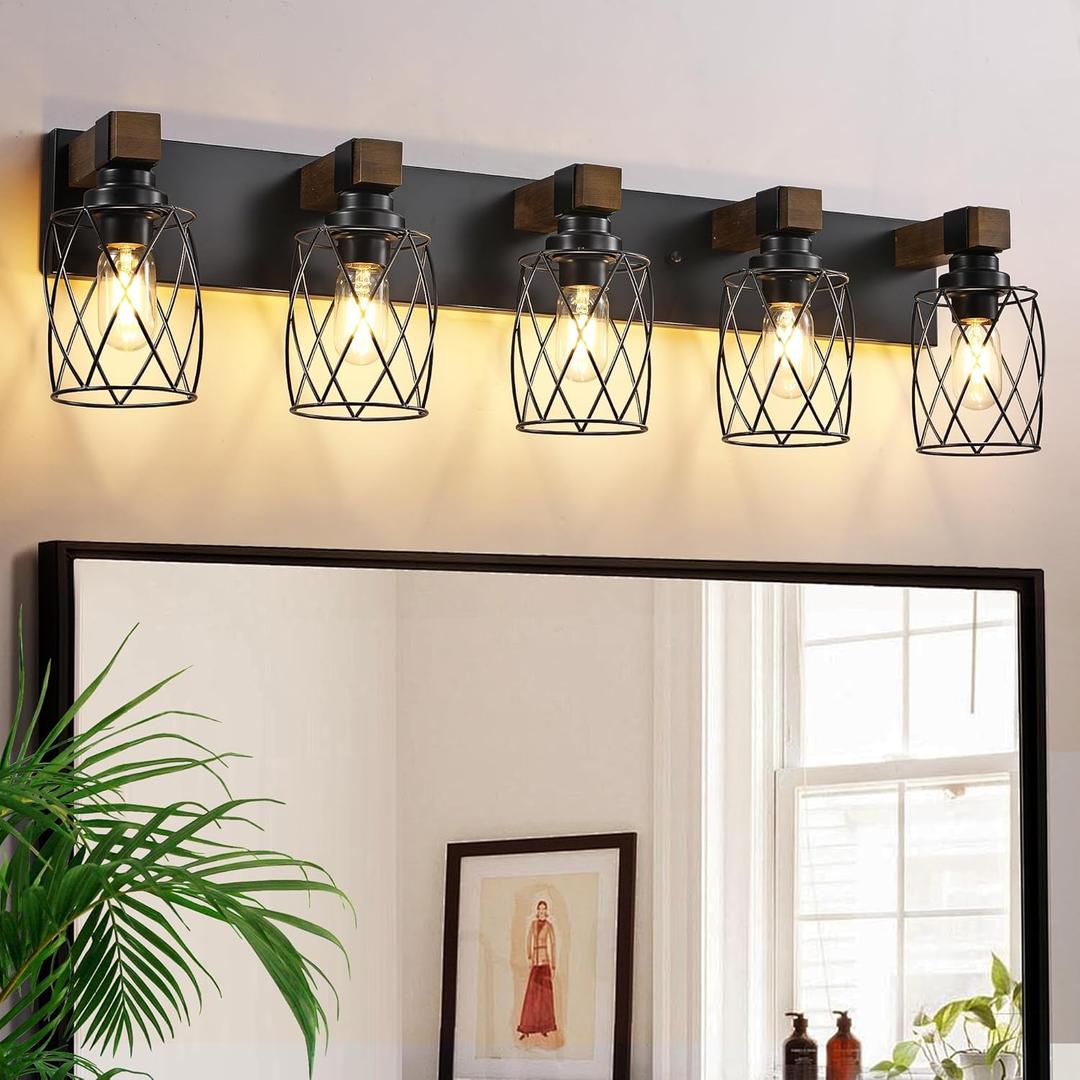 Farmhouse Bathroom Vanity Light, 5-Light Wood Bathroom Light Fixtures Over Mirror, Black Industrial Vanity Lights with Metal Shade, Rustic Bathrooms Lighting for Living Room, Bedrooms, Hallway