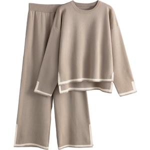 Tanming Women's 2 Piece Outfits Long Sleeve Knit Sweater Top Wide Leg Pants Lounge Sets Tracksuits (Medium, Khaki)