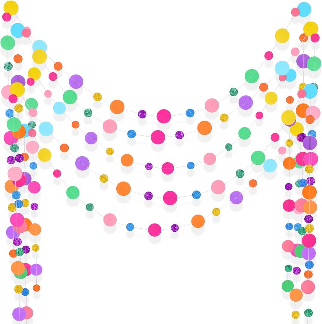 Outus 5 Pieces Colorful Dots Paper Garland Easter Decor Round Glitter Hanging Confetti Streamers Backdrop for Spring Birthday Classroom Halloween Trunk or Treat Car Decoration (Rainbow)