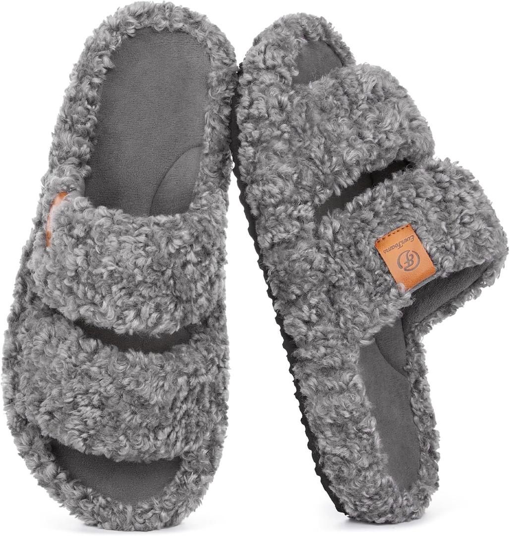 EverFoams Womens Fuzzy Open-toe Slippers Soft Comfy Memory Foam Indoor House Shoes (Gray), 9-10US